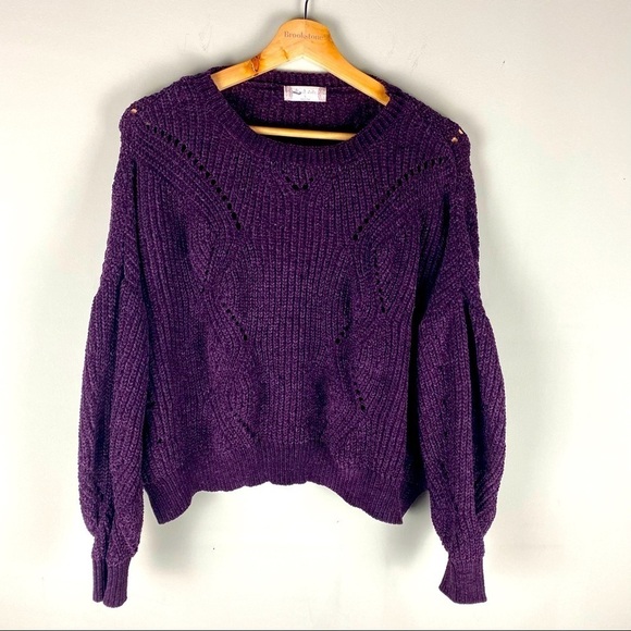 Altar'd State: Knit V-Neck Slouchy Pullover Puff Sleeve‎ Sweater Purple Small - Picture 1 of 6